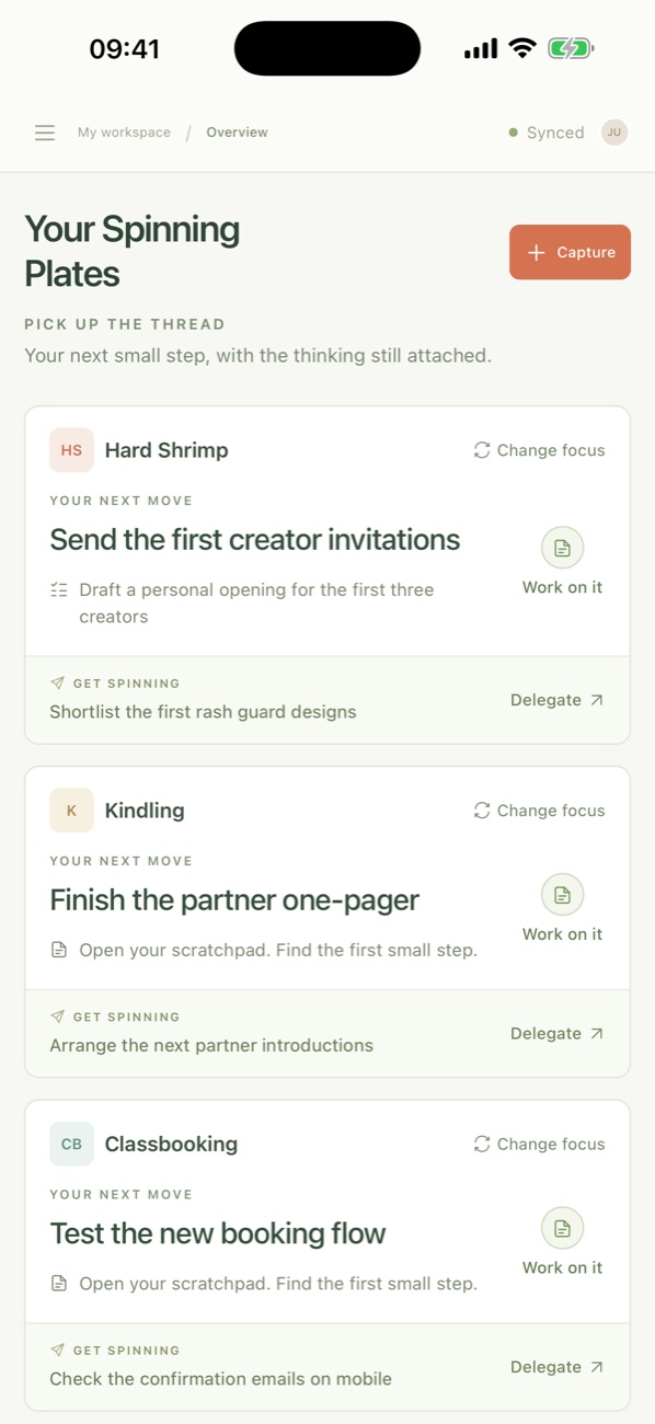 The ForJugglers overview on iPhone, headed Your Spinning Plates. Sample projects each show their next move, such as Send the first creator invitations.