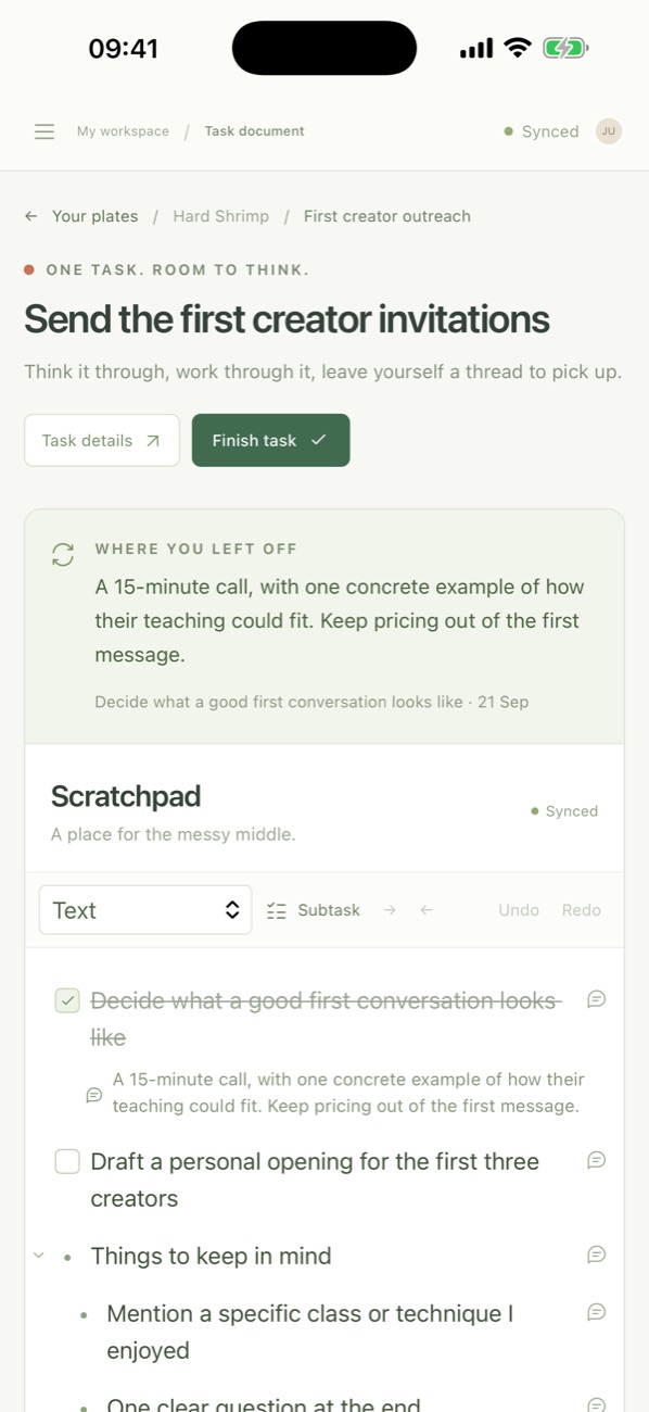 A task open on iPhone, with a Where you left off note above its scratchpad of smaller steps.